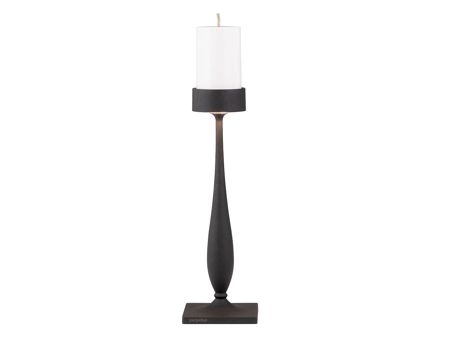 Candeeiro de mesa barroco sem fios Perpetua em alumínio fundido com acabamento preto, módulo LED com bateria substituível e dimmer de toque integrado.
