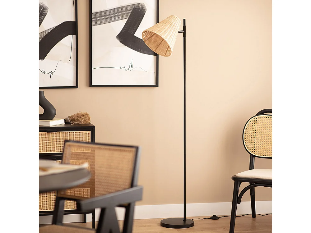 Rio - Lampadaire en métal avec abat-jour en rotin H151cm - Bois clair