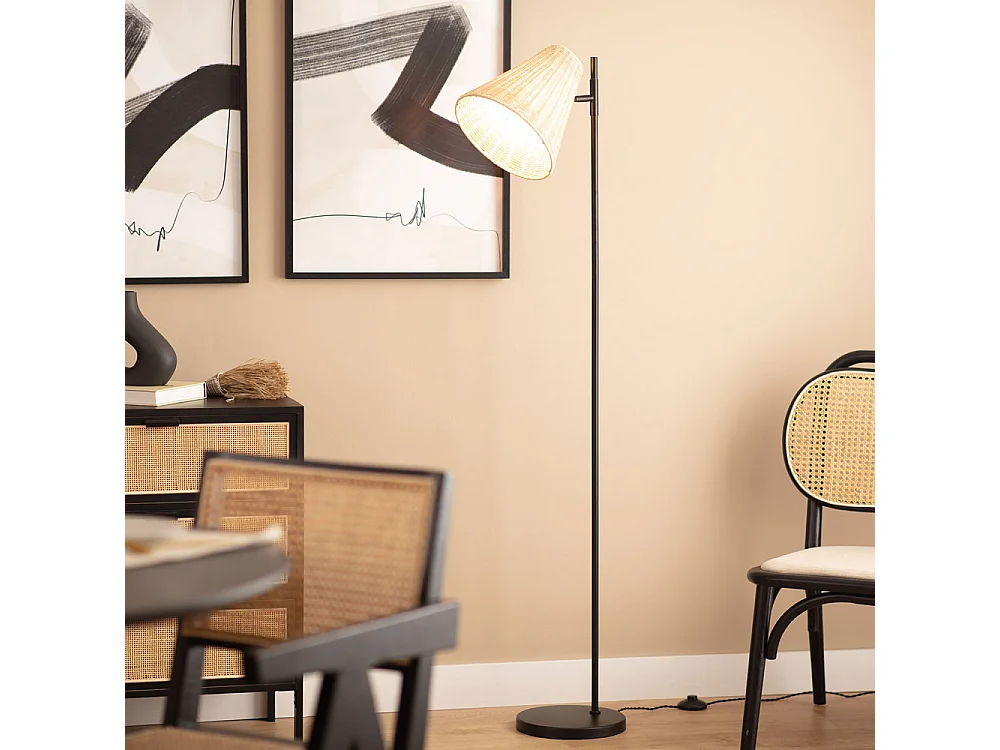 Rio - Lampadaire en métal avec abat-jour en rotin H151cm - Bois clair