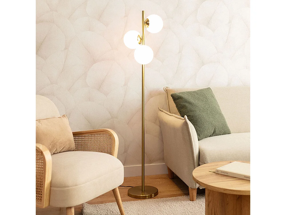 Kano - Lampadaire avec 3 points lumineux en verre H148cm - Laiton