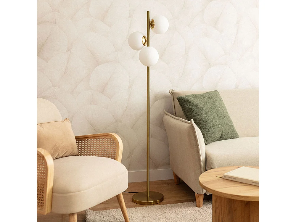 Kano - Lampadaire avec 3 points lumineux en verre H148cm - Laiton
