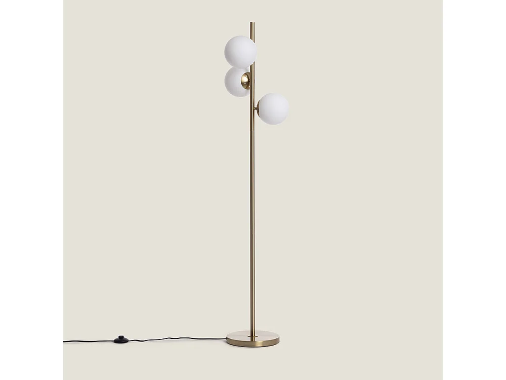Kano - Lampadaire avec 3 points lumineux en verre H148cm - Laiton
