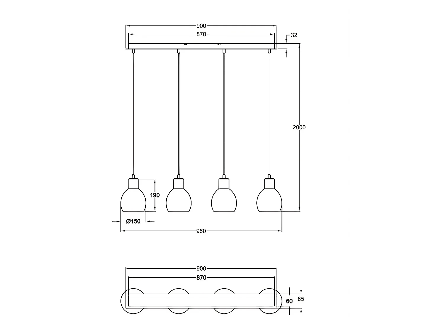 Marina - Candeeiro de Suspensão Moderno em Metal e Cerâmica Branca com 4 Luzes E27, Estrutura Elegante para Iluminação de Interiores, 960x85mm