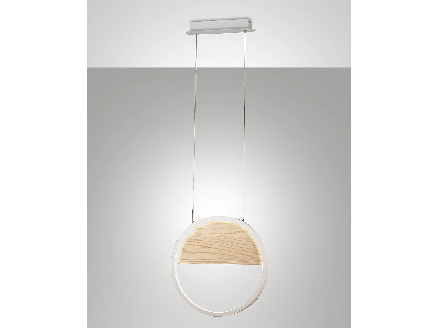 Pierre Candeeiro de Suspensão LED 29W Ø400mm Estrutura Metal e Madeira Branca, Luz Quente 3000K, Regulável por Passos, Design Moderno e Elegante