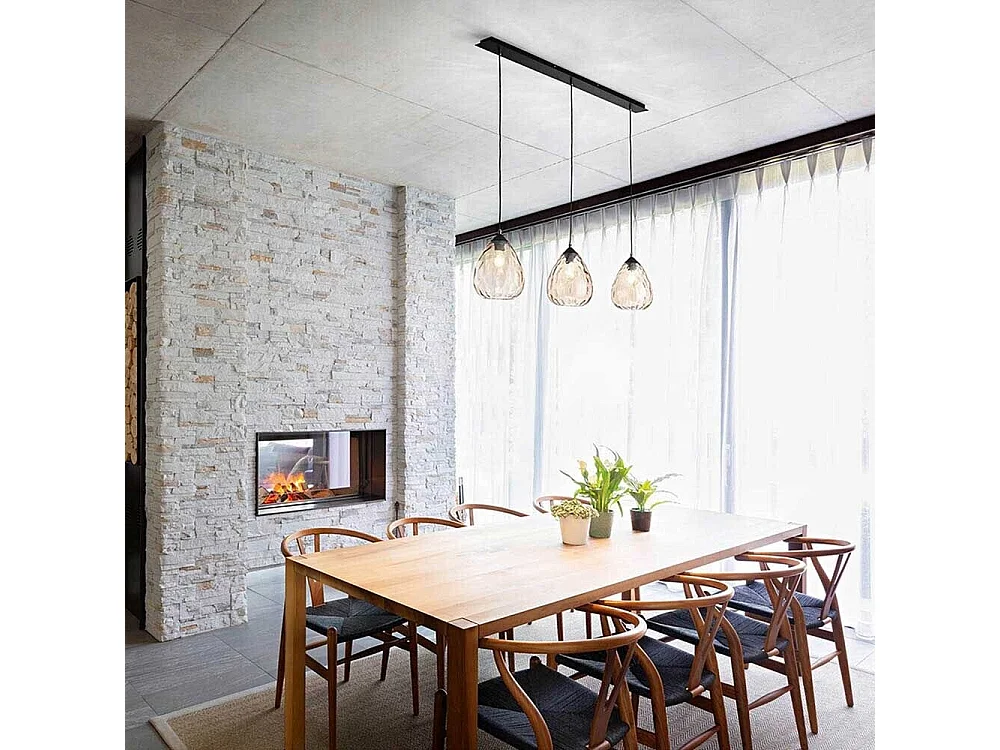 Candeeiro de Suspensão Gisella em Vidro Soprado Cor Âmbar com Estrutura em Metal, Casquilho E27 3x60W, Design Elegante para Interiores IP20