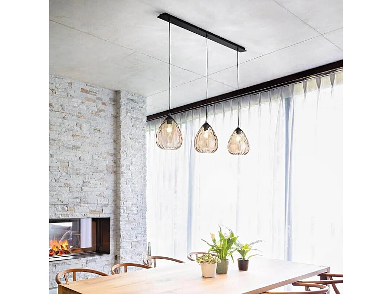 Candeeiro de Suspensão Gisella em Vidro Soprado Cor Âmbar com Estrutura em Metal, Casquilho E27 3x60W, Design Elegante para Interiores IP20
