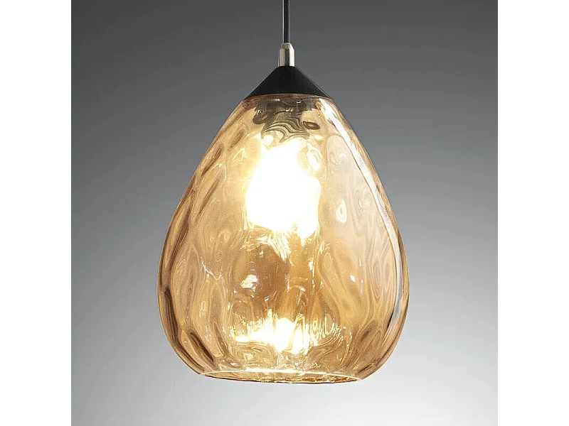 Candeeiro de Suspensão Gisella em Vidro Soprado Cor Âmbar com Estrutura em Metal, Casquilho E27 3x60W, Design Elegante para Interiores IP20
