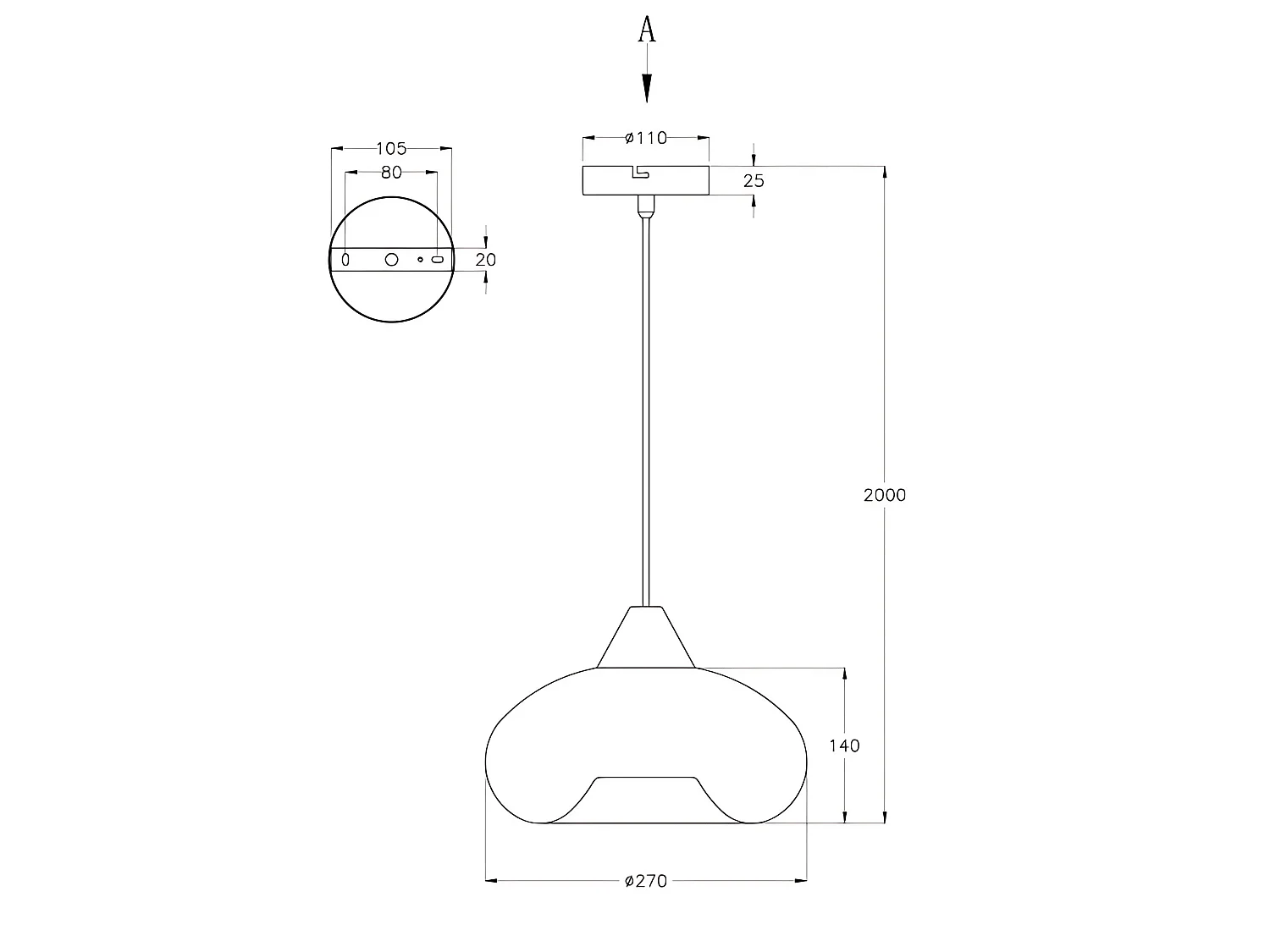 Ela hanglamp van 27 cm in metaal en gerookt glas, E27 fitting, modern en elegant design voor binnenverlichting