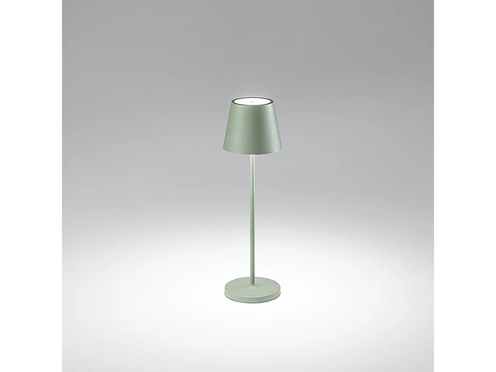 Lámpara de mesa LED recargable IP54 de 2W y 3000K, serie 8124, color verde salvia, diseño moderno de metal, regulable mediante tacto - Perenz