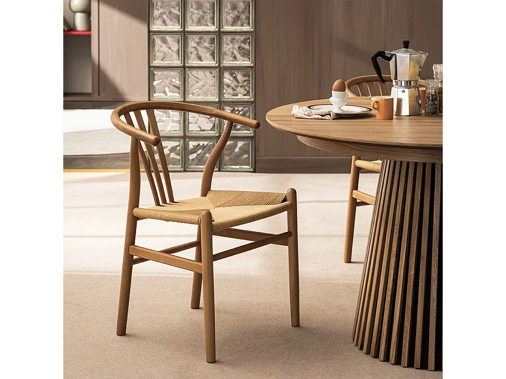 Lio - Lot de 2 chaises en corde tressée et bois - Bois clair
