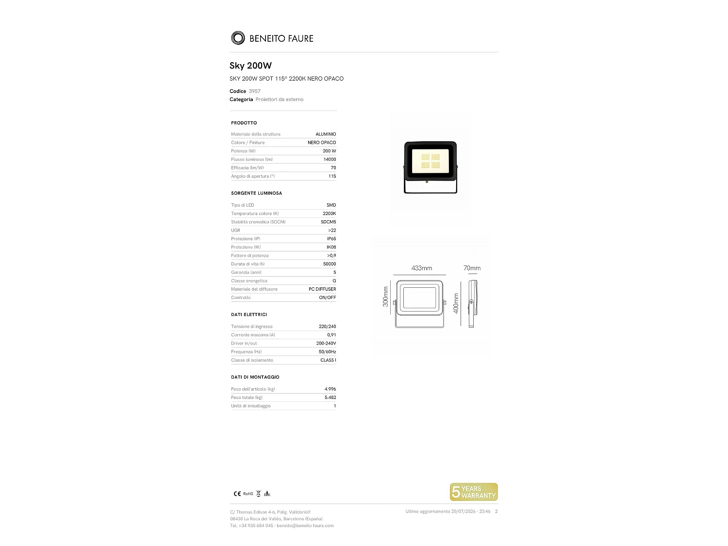Sky LED projektør 200W 115º 2200K mat sort - Professionel højtydende projektør til udendørs belysning - Beneito & Faure
