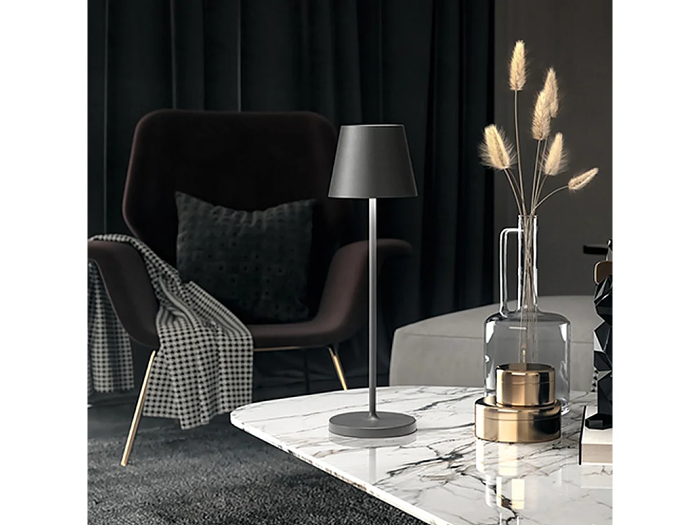 Lámpara de mesa LED recargable IP54 de 2 W y 3000 K, serie 8124, gris oscuro, diseño moderno de metal, regulable mediante tacto - Perenz