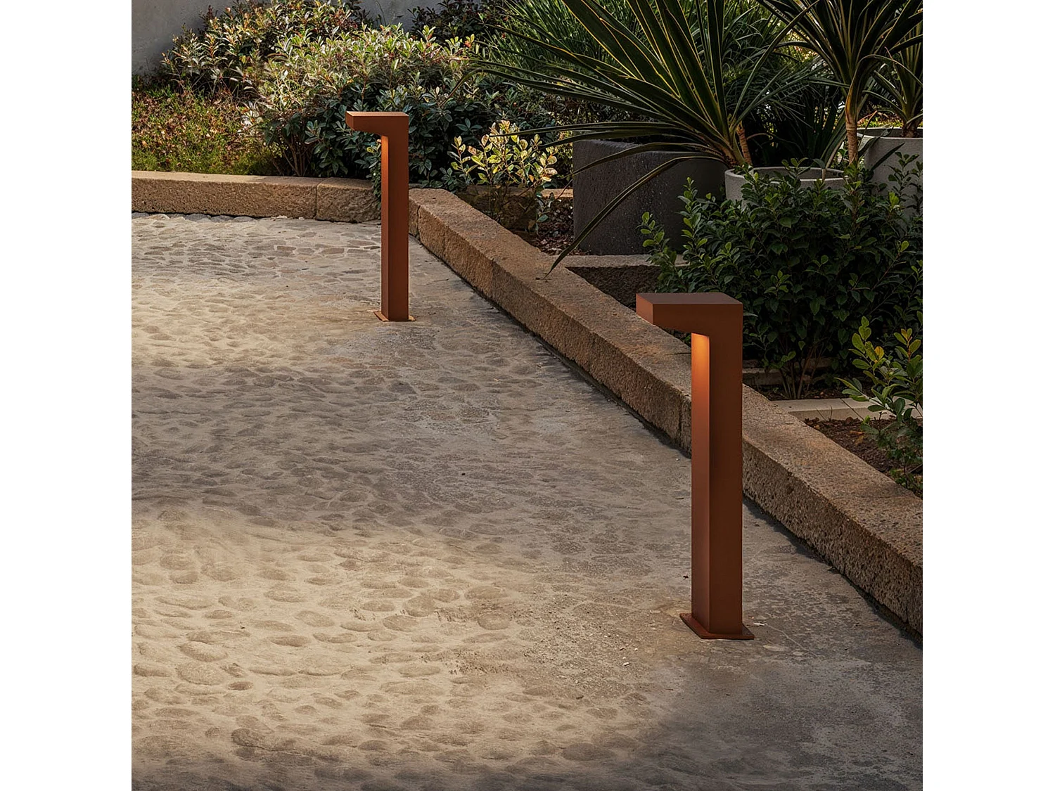 Baliza LED exterior asimétrica con iluminación frontal, marco de aluminio negro, 13 W, 3000 K, altura 50 cm, ideal para pasillos y jardines.