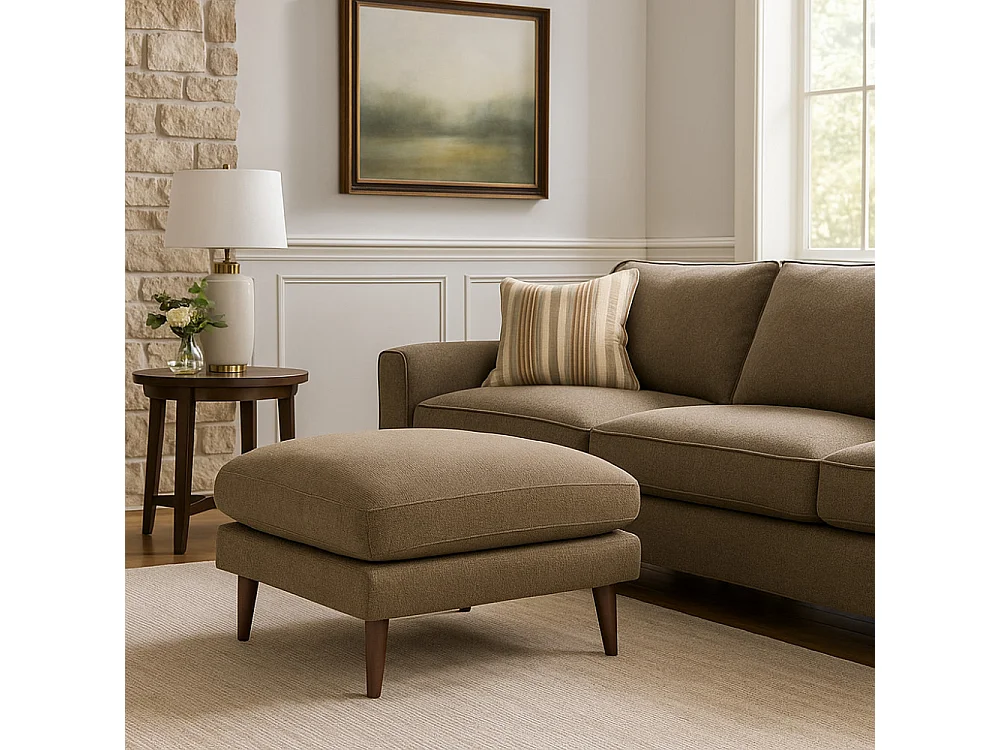 Villabon - Pouf en tissu pieds bois foncé - Caramel chiné