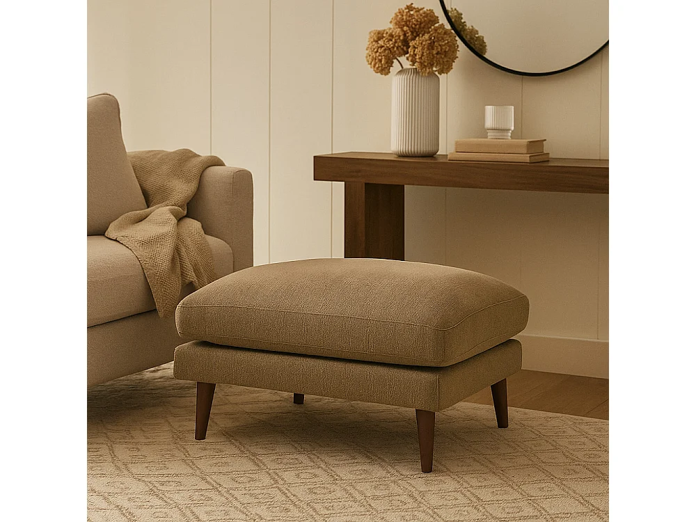 Villabon - Pouf en tissu pieds bois foncé - Caramel chiné