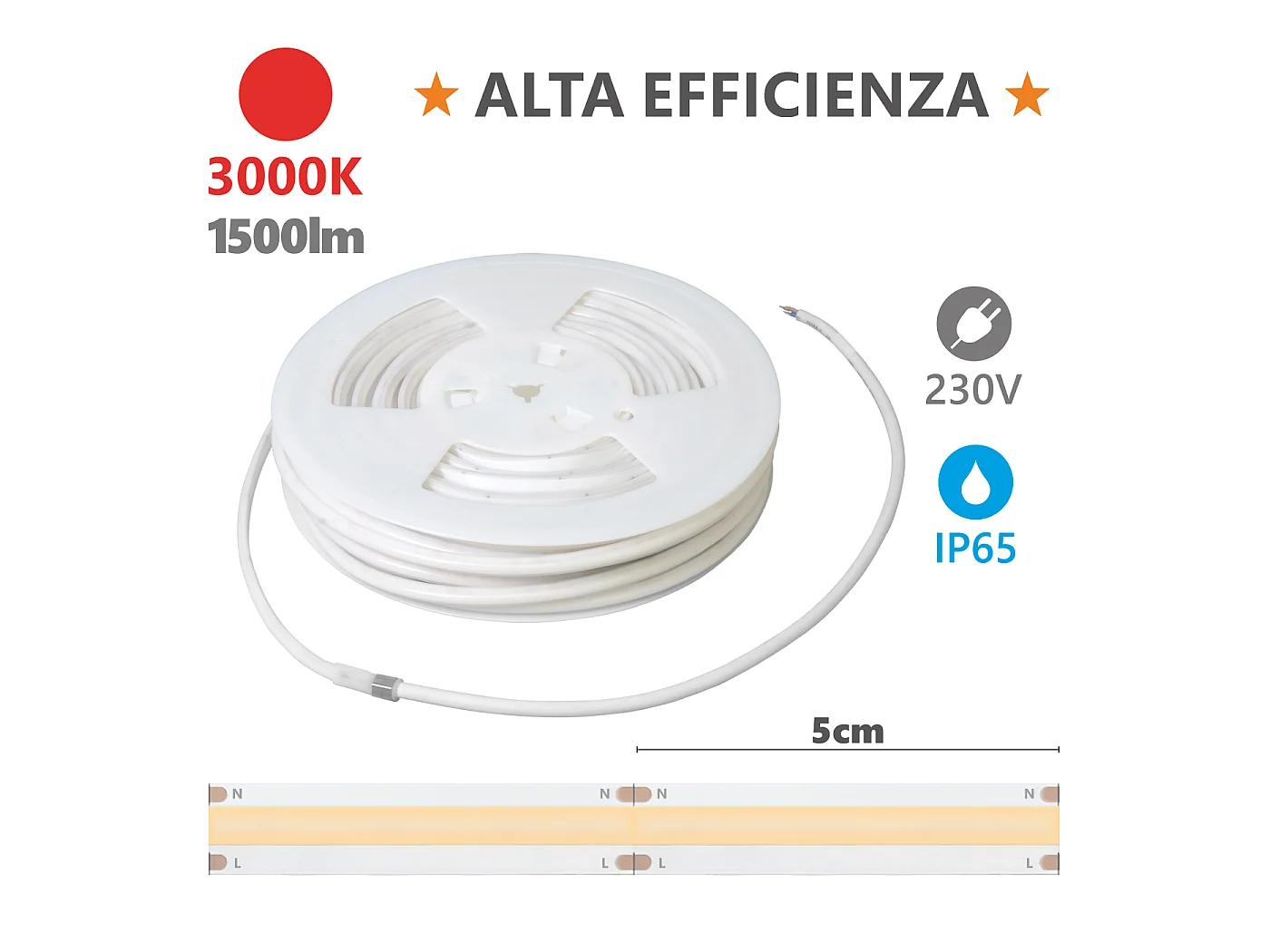 Alcapower LED-strip 230V Serie HEM IP65 20m 3000K 15W/m 1500lm/m Warm Wit Diffuus Licht Hoge Efficiëntie met 260 LED's per meter 230V AC