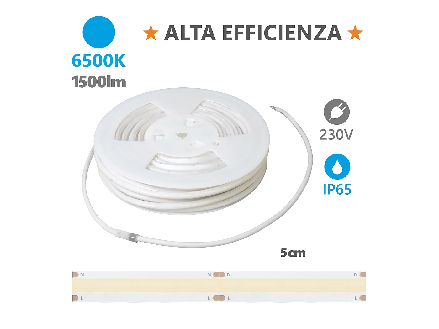 Alcapower LED-strip 20m 230V IP65 15W/m 1500lm/m 6500K HEM Milky-serie, hoge helderheid voor binnen en buiten, hoge energie-efficiëntie.