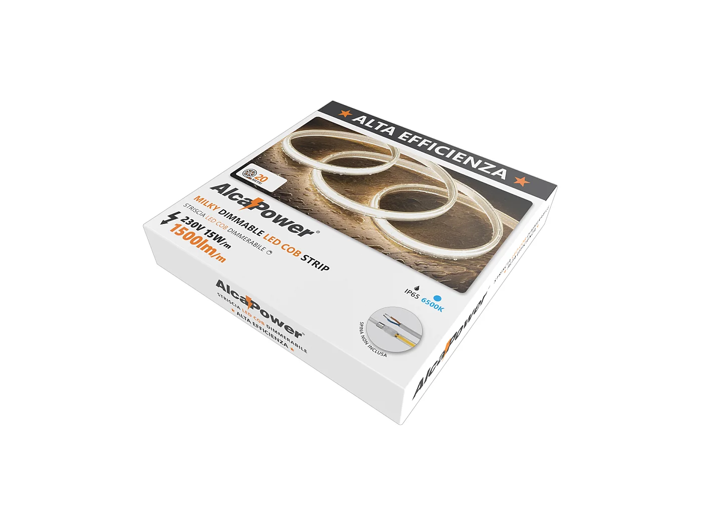Alcapower LED-strip 20m 230V IP65 15W/m 1500lm/m 6500K HEM Milky-serie, hoge helderheid voor binnen en buiten, hoge energie-efficiëntie.