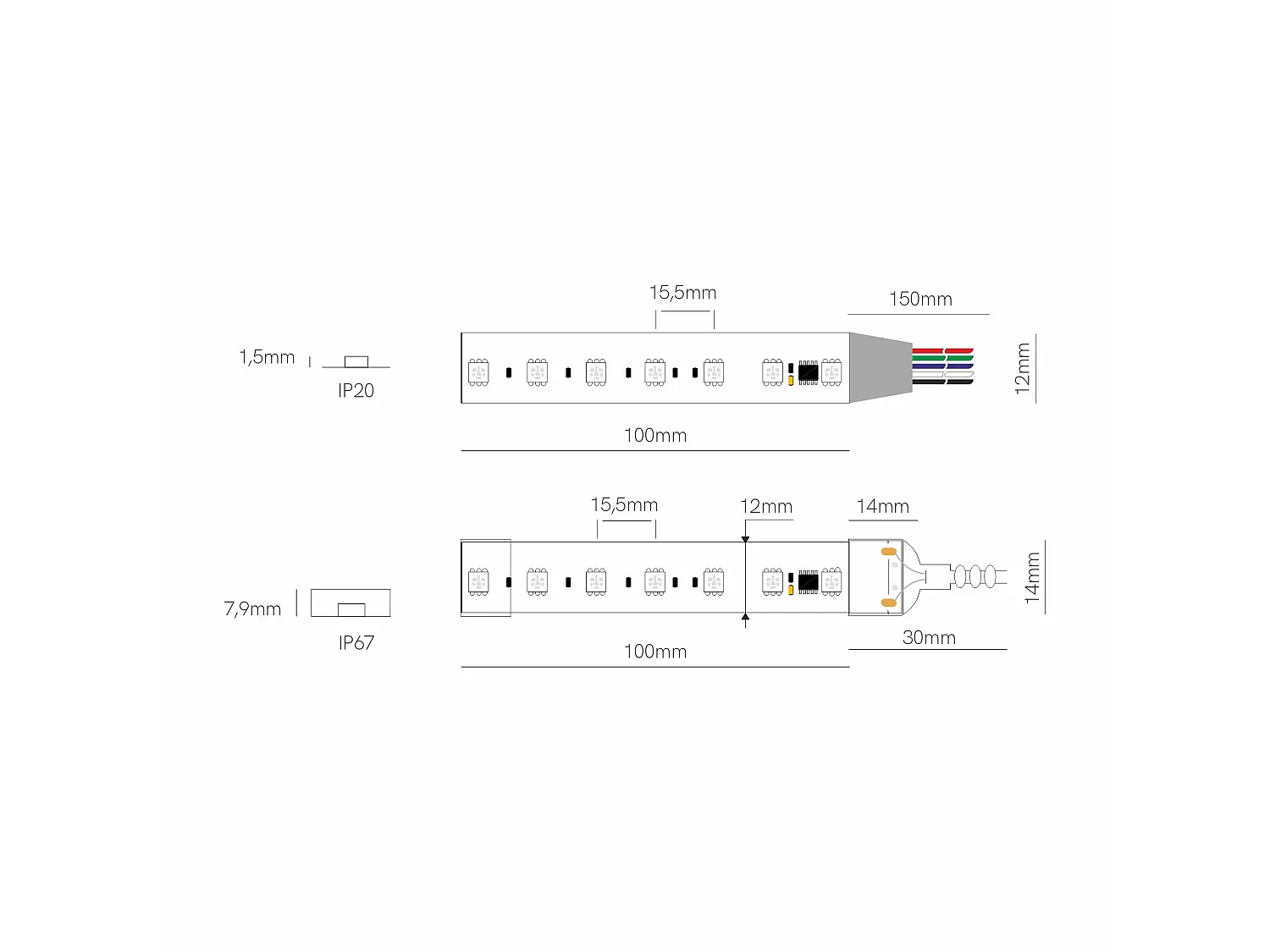 5 meter fijne LED-strip DMX-4 RGB 12W/m 24V IP67 met 70 LED's/m en pixel-voor-pixel aansturings-IC SM1851 voor dynamische effecten - Beneito & Faure
