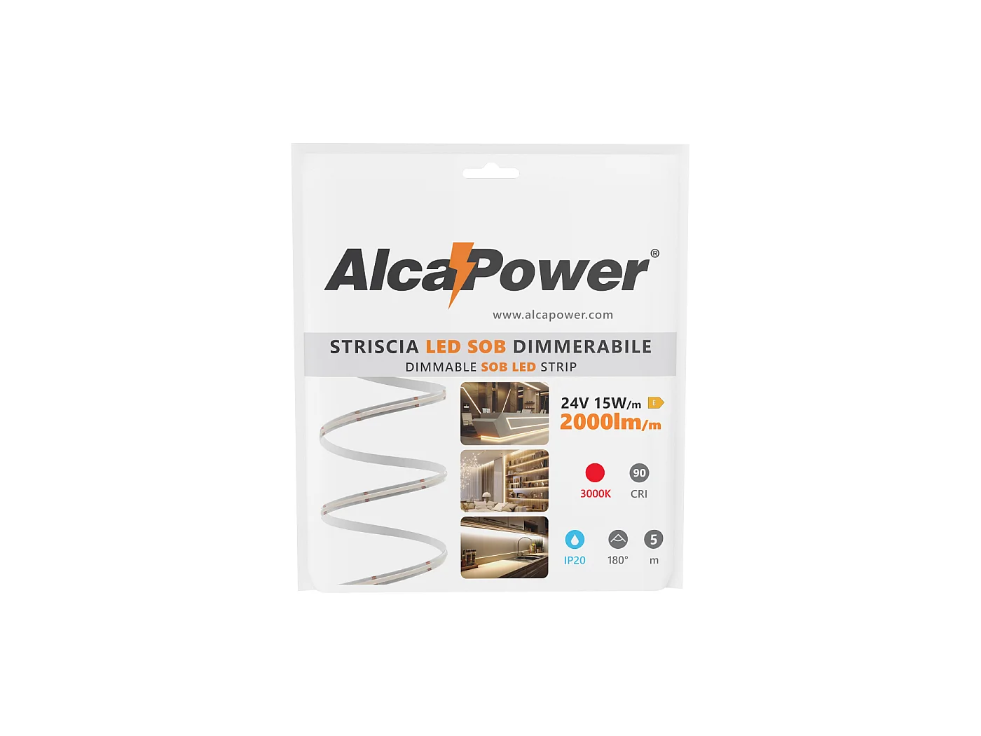 Alcapower LED-strip 5m 24V SOB-serie, 3000K, 15W/m, 2000lm/m, 528 LEDs/m, CRI90, IP20, hoogwaardige technologie voor lineaire verlichting