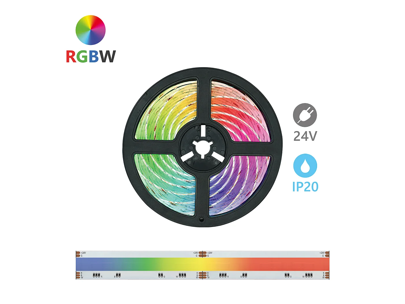 Alcapower COB RGBW LED-strip 24V 16W/m 896 LED/m IP20 5m, hoge CRI 90 en natuurlijk wit licht 4000K voor binnenopstellingen.