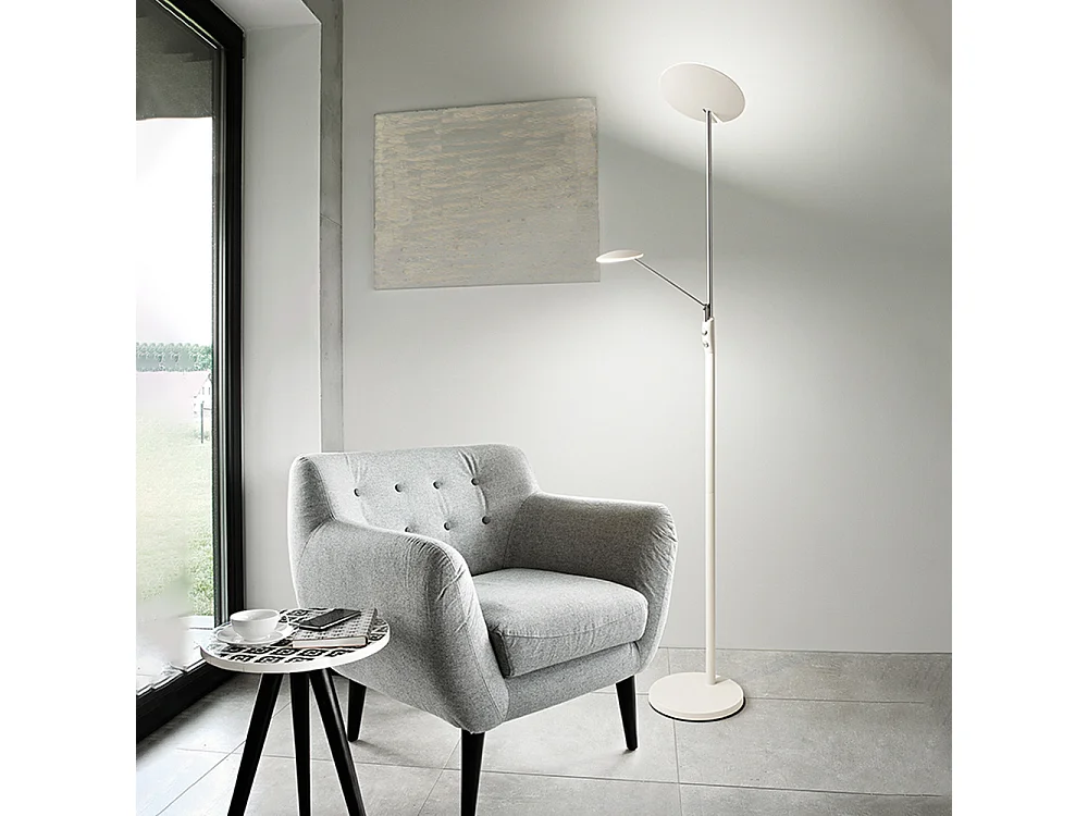Candeeiro de Pé LED Metal Branco e Cromo, Dupla Emissão 28W+5W 3000K Regulável, Design Moderno Altura 183cm - Perenz Iluminação para sua Casa