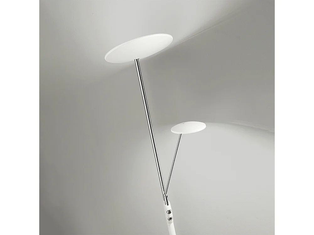 Candeeiro de Pé LED Metal Branco e Cromo, Dupla Emissão 28W+5W 3000K Regulável, Design Moderno Altura 183cm - Perenz Iluminação para sua Casa