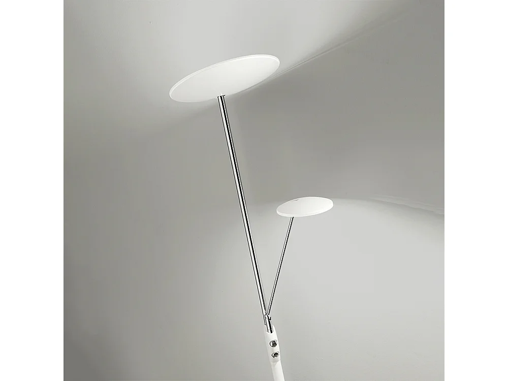 Candeeiro de Pé LED Metal Branco e Cromo, Dupla Emissão 28W+5W 3000K Regulável, Design Moderno Altura 183cm - Perenz Iluminação para sua Casa