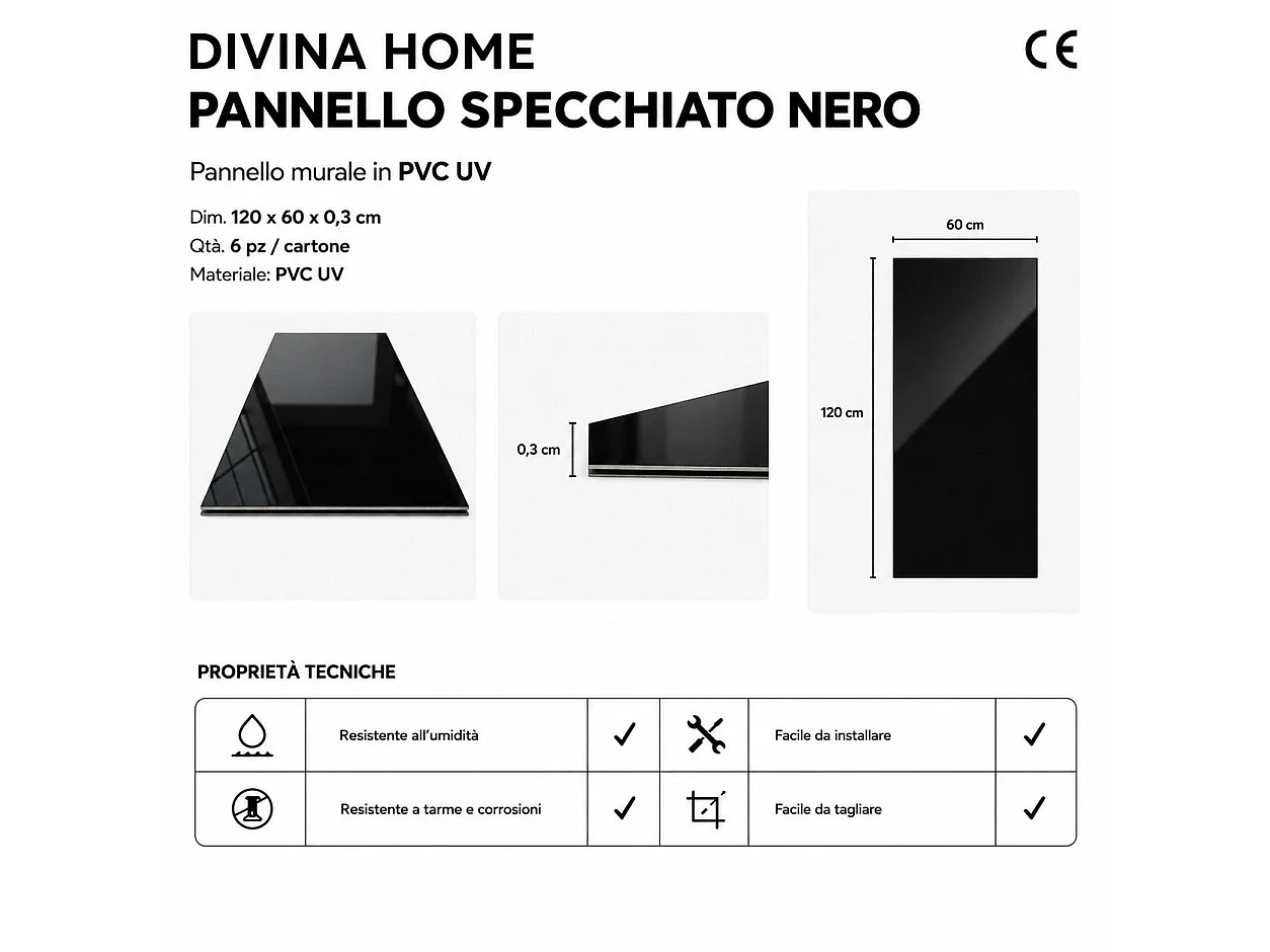Pannello decorativo effetto specchio specchiato Nero fume' Set 6 pz 120x60 in PVC UV Ultra Slim