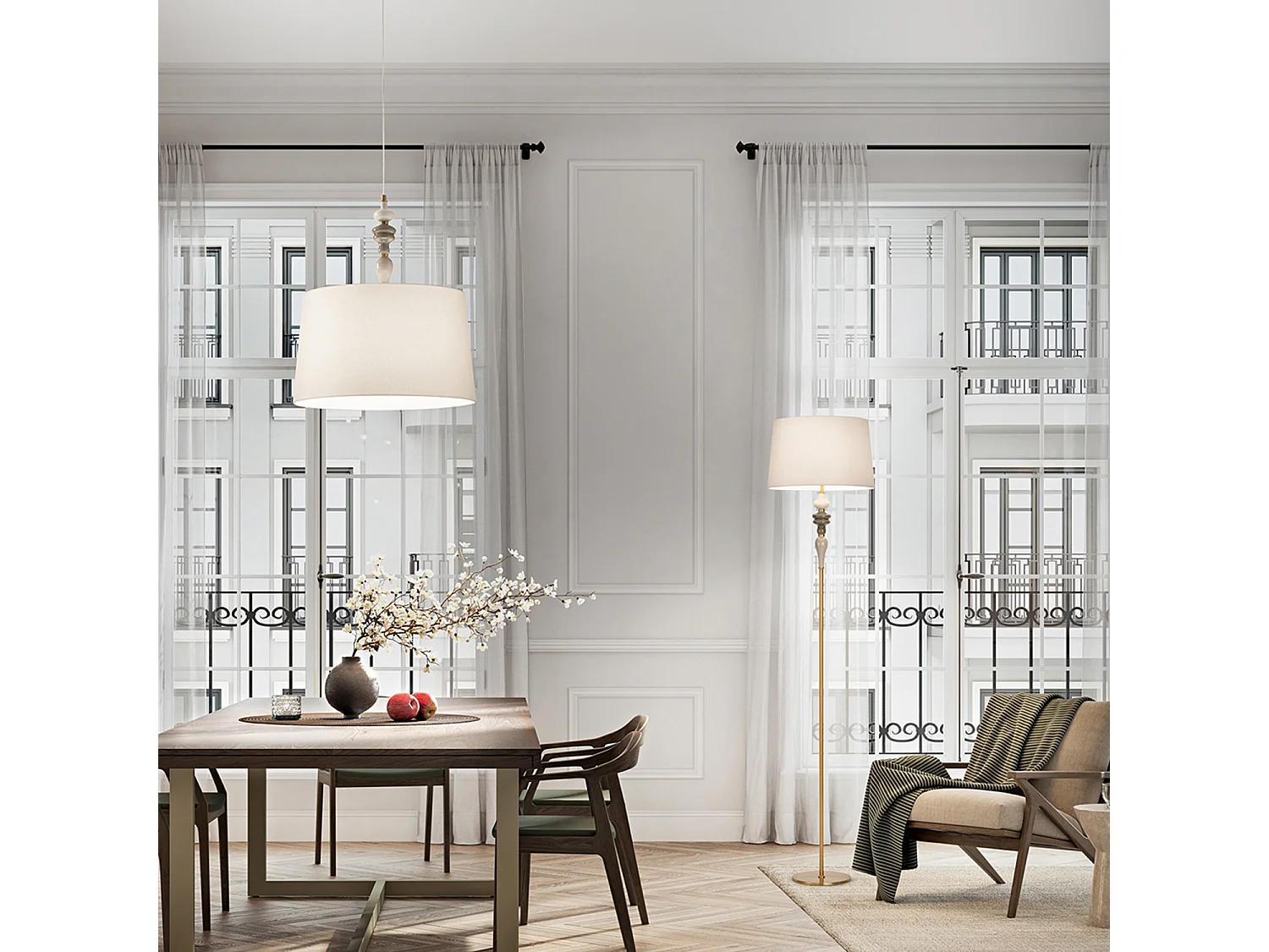 Candeeiro de Pé em Latão Escovado e Cerâmica Multicolor, Abajur Bege, Altura 170cm, 1x E27, Estilo Clássico Elegante - Perenz, Alta Qualidade