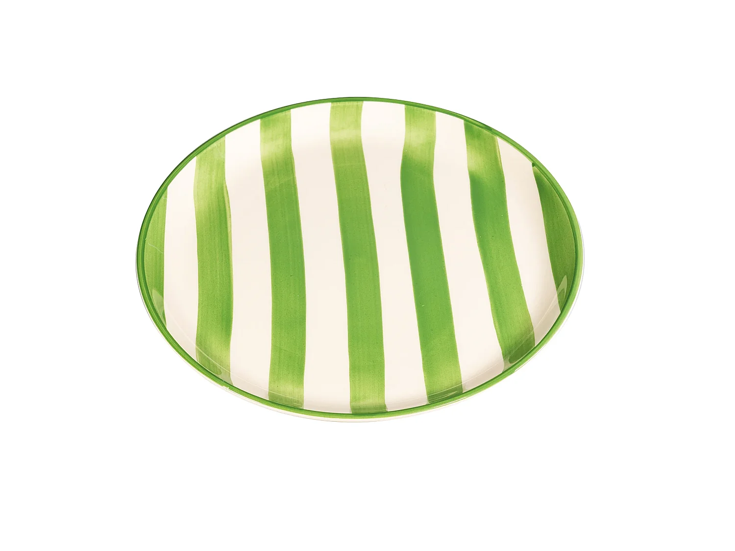 Jogo de 2 pratos rasos com listras artesanais, 28 cm, fabricados na Itália, design elegante e moderno, cor verde, serviço de mesa de alta qualidade.