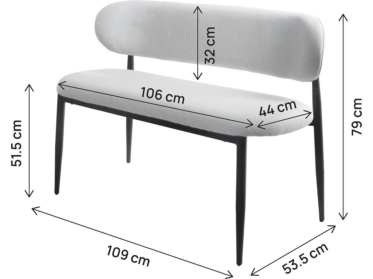 Panca da pranzo in tessuto - 110 cm - "Sélène" - 3 posti - Grigio chiaro e nero