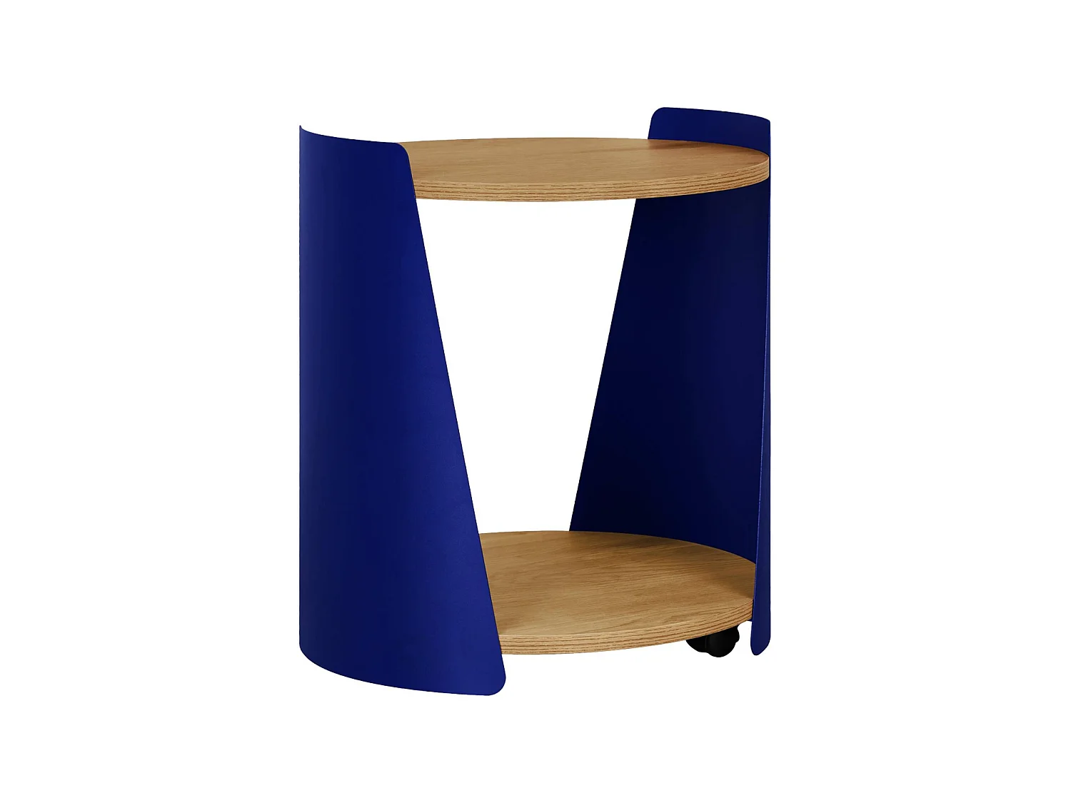 Tavolino e comodino in metallo curvato e legno con ruote, blu