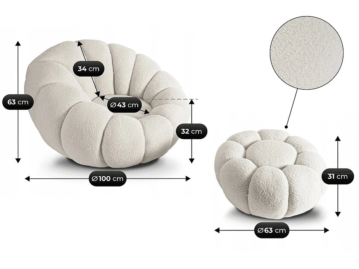 Fauteuil avec pouf style bubble en tissu bouclette "Élysée" - Crème