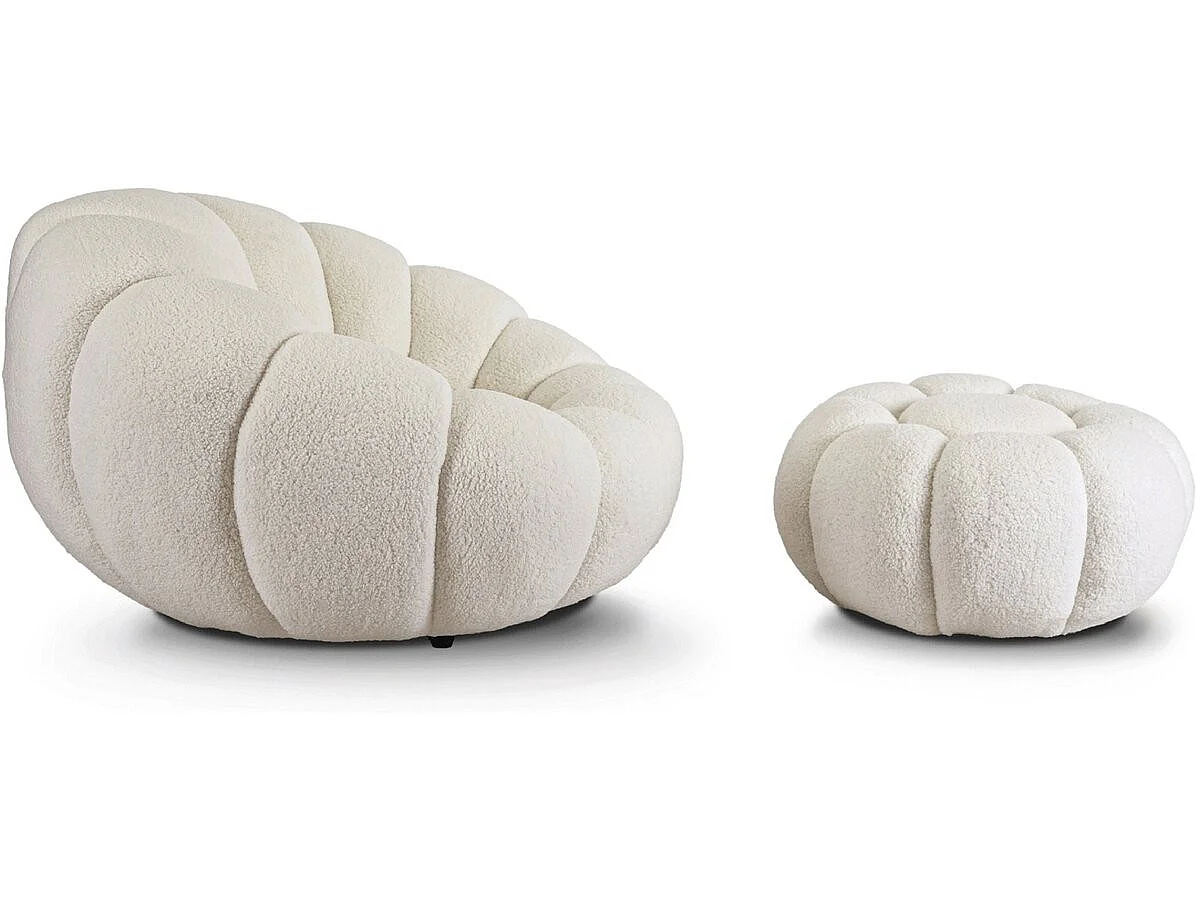 Fauteuil avec pouf style bubble en tissu bouclette "Élysée" - Crème