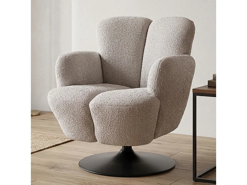 Fauteuil Design Pivotant en Tissu Texturé Beige et Pied Métal Noir - Achil
