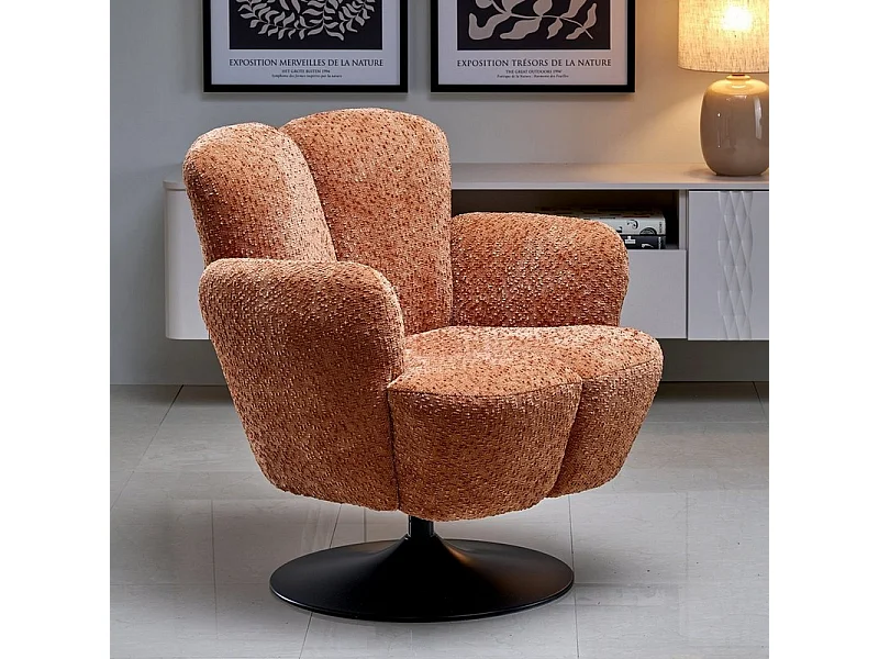 Fauteuil Pivotant 360° en Tissu Texturé Cannelle et Pied Métal Noir - Achil