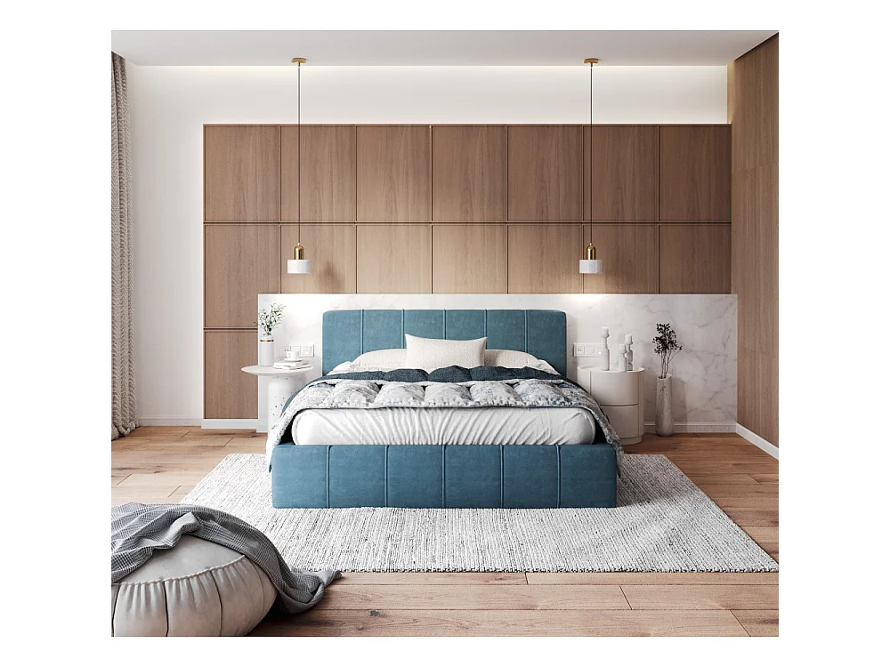 Lit coffre 120x190 cm en velours Azur avec sommier relevable et coffre de rangement - ATLANTA