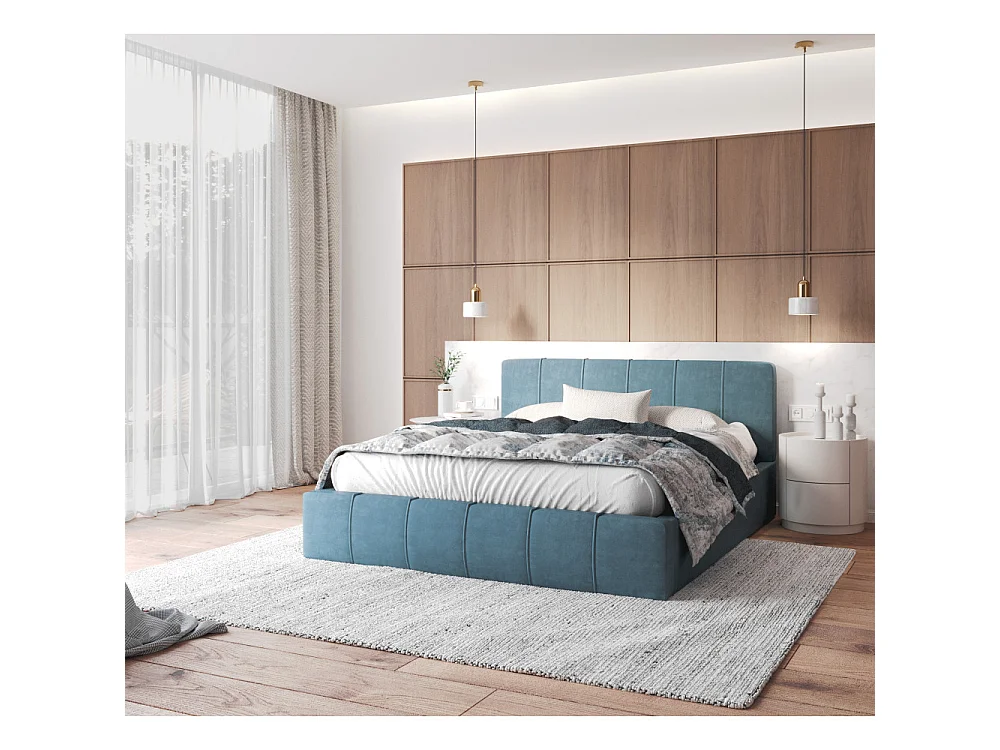 Lit coffre 120x190 cm en velours Azur avec sommier relevable et coffre de rangement - ATLANTA