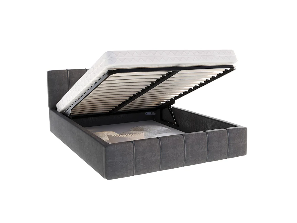 Lit coffre 120x190 cm en velours Gris Foncé avec sommier relevable et coffre de rangement - ATLANTA