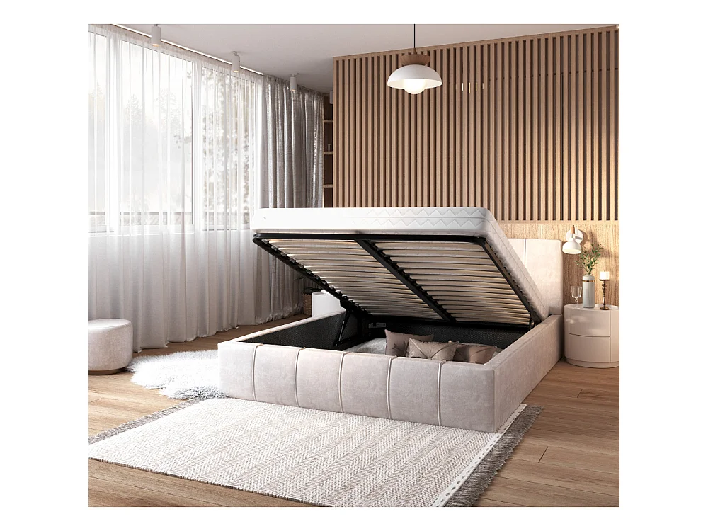 Lit coffre 120x190 cm en velours Beige avec sommier relevable et coffre de rangement - ATLANTA