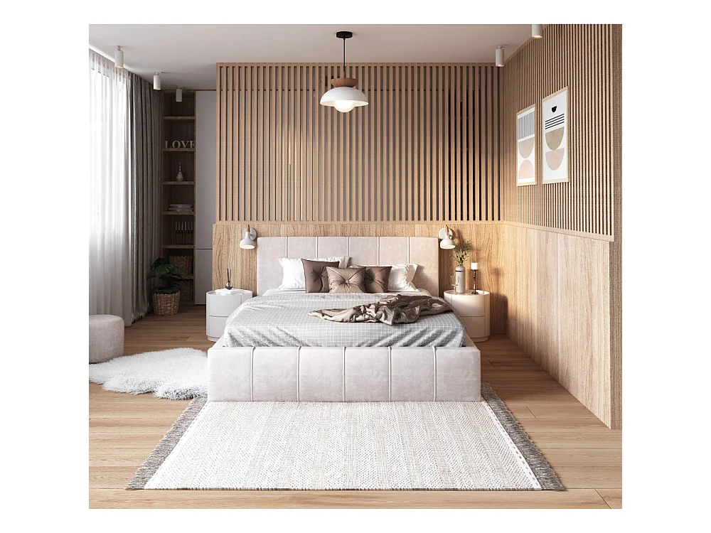 Lit coffre 120x190 cm en velours Beige avec sommier relevable et coffre de rangement - ATLANTA