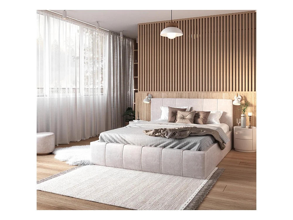 Lit coffre 120x190 cm en velours Beige avec sommier relevable et coffre de rangement - ATLANTA