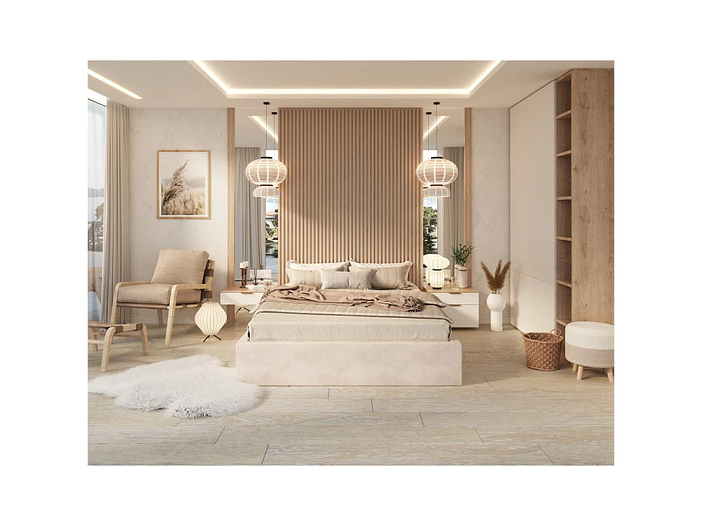 Lit coffre Orlane 120 x 190 cm avec sommier à lattes relevable Crème