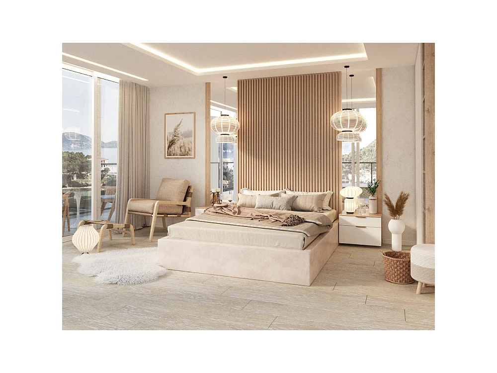 Lit coffre Orlane 120 x 190 cm avec sommier à lattes relevable Crème