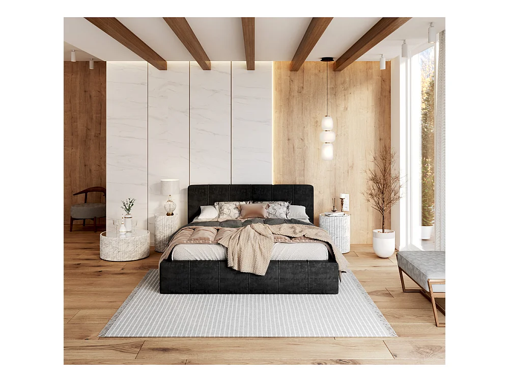 Lit coffre 120x190 cm en velours Noir avec sommier relevable et coffre de rangement - ATLANTA