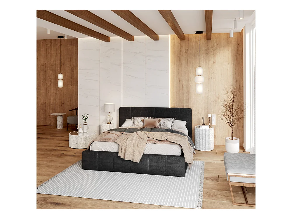 Lit coffre 120x190 cm en velours Noir avec sommier relevable et coffre de rangement - ATLANTA