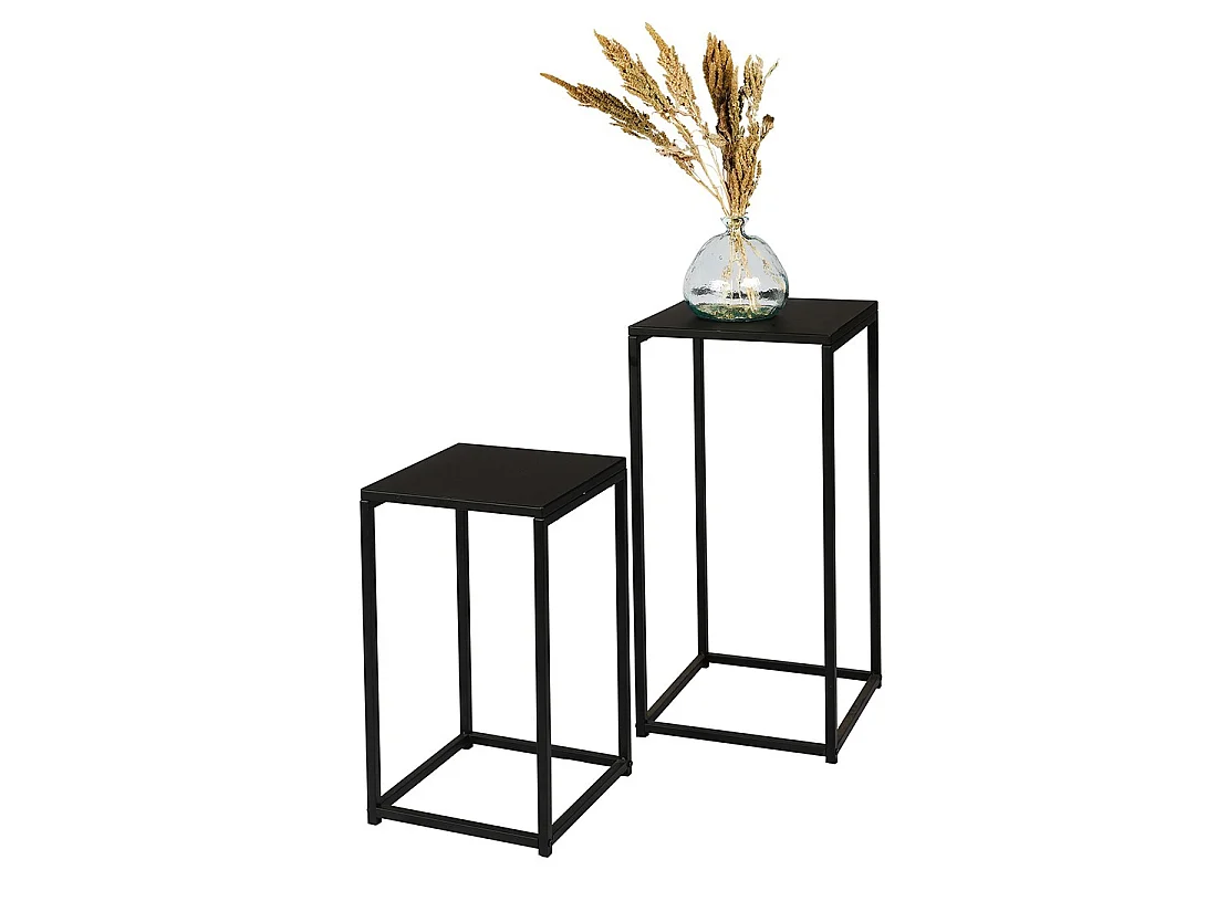 Set von 2 SOHO Design-Beistelltischen, Struktur und Platte aus schwarzem Metall.