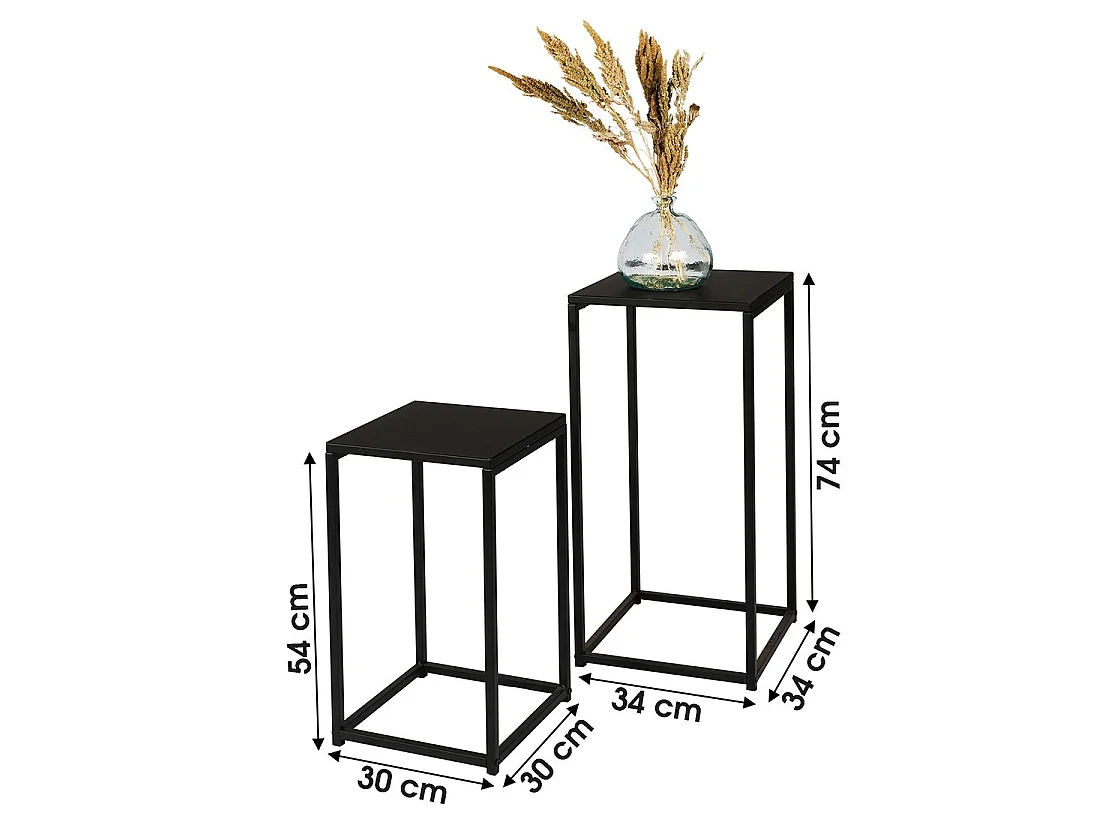 Set von 2 SOHO Design-Beistelltischen, Struktur und Platte aus schwarzem Metall.