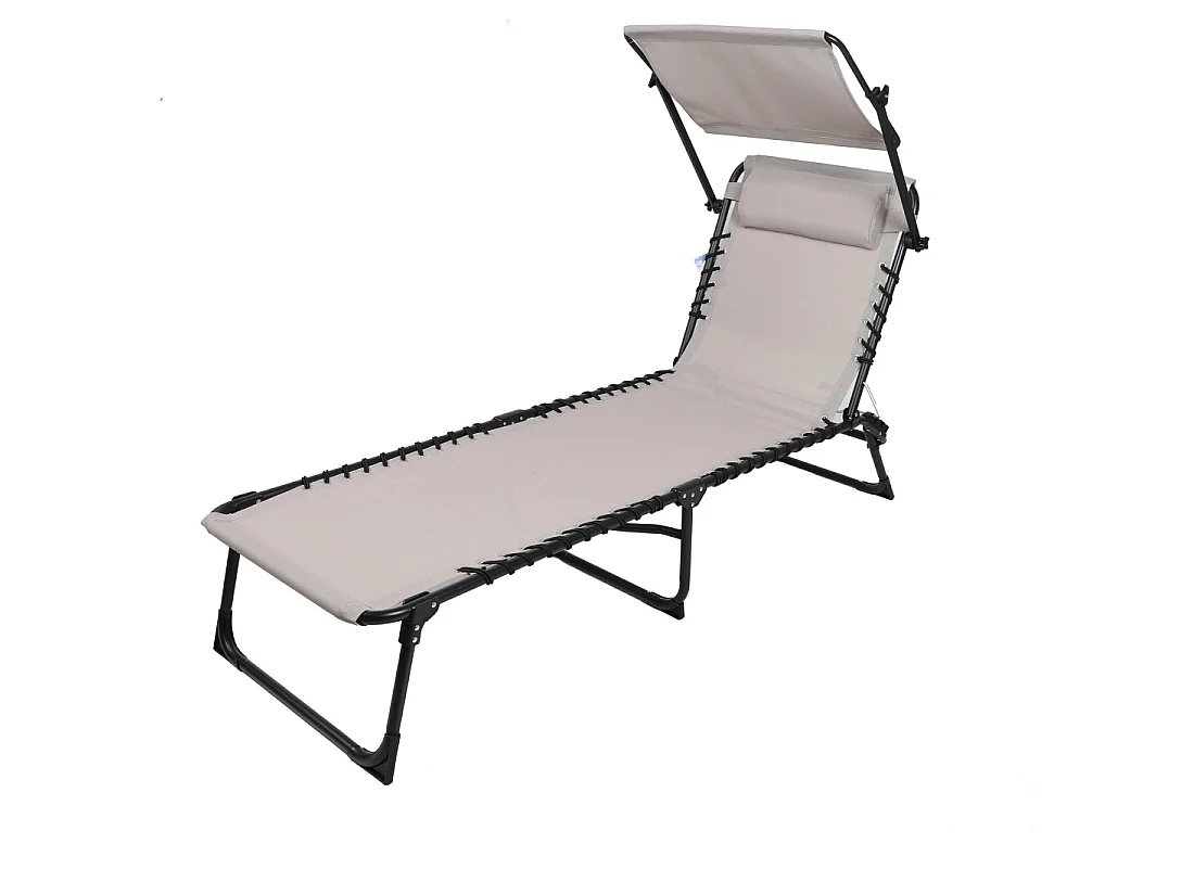 Set von 2 Sonnenliegen mit Sonnenschirm-Ablage und Kissen – 187x56x85 cm – Schwarzes Metall – Taupe Leinwand